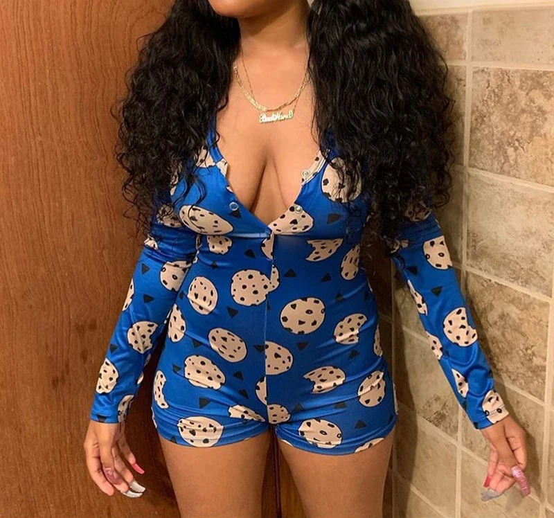 OMSJ 2020 Rompers Women Sleepwear Sky Blue Leopard Print Long Sleeve Short Jumpsuit Sexy Onesie For Adult Female Nightwear S-3XL