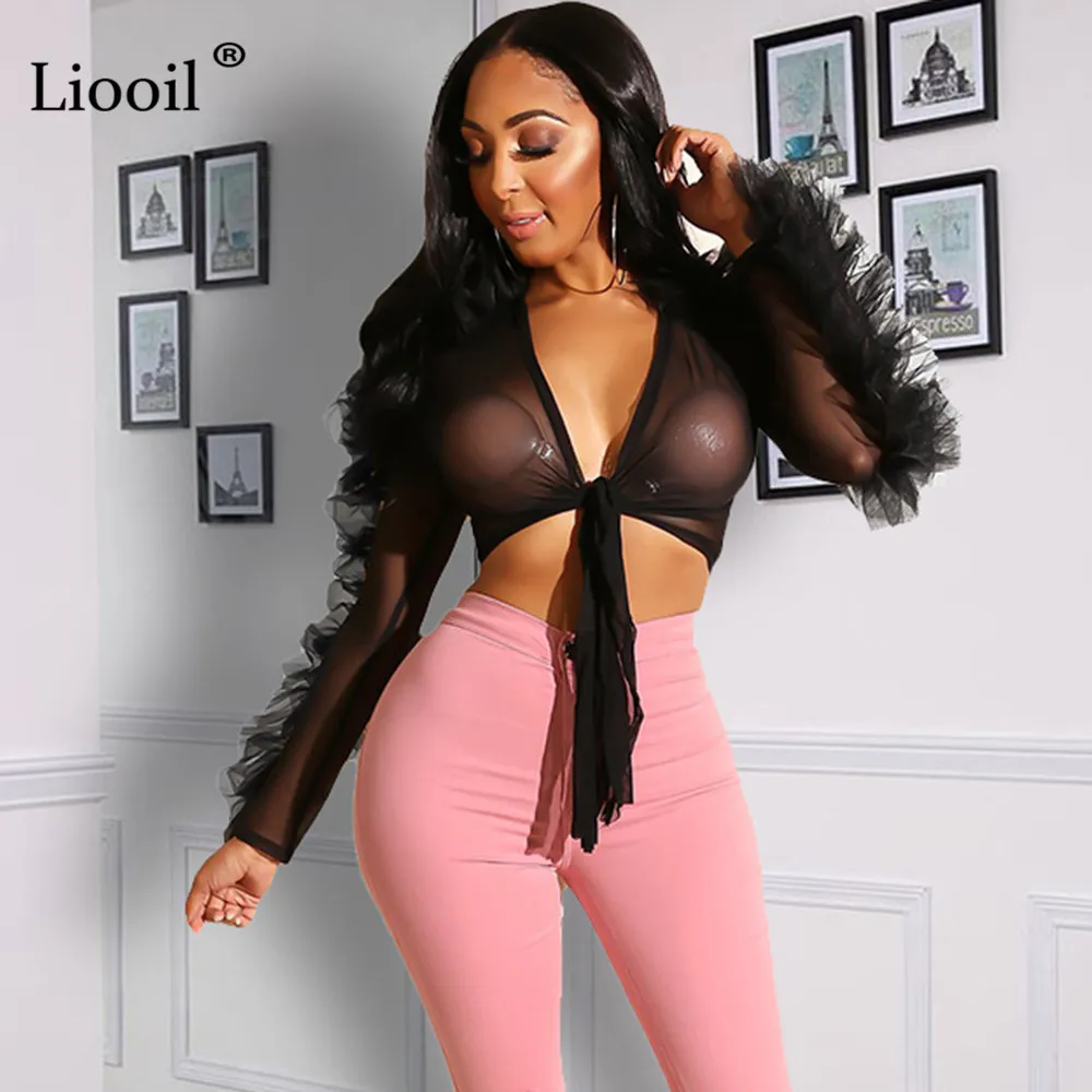 

Liooil Mesh Sheer Cardigan Sexy Ruffle Blouse 2019 Long Sleeve V Neck Lace-Up Black White Party Club Womens Tops And Blouses