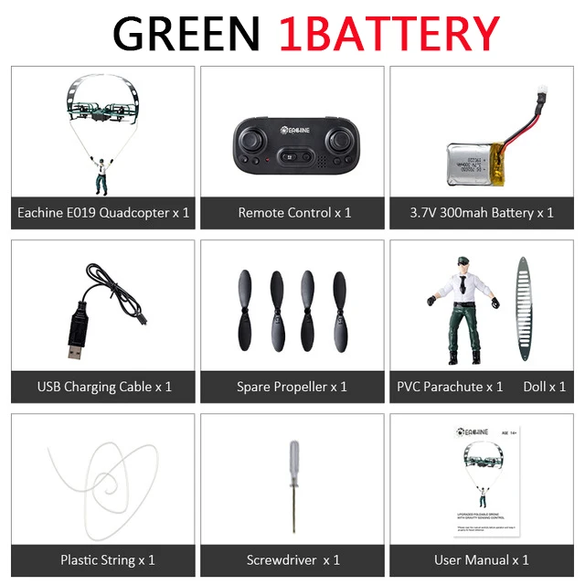 Green 1battery Eachine E019 2-осевой RC трюк парапланерный режим полета с режимом удержания высоты Дрон Квадрокоптер RTF - Цвет: Green 1battery