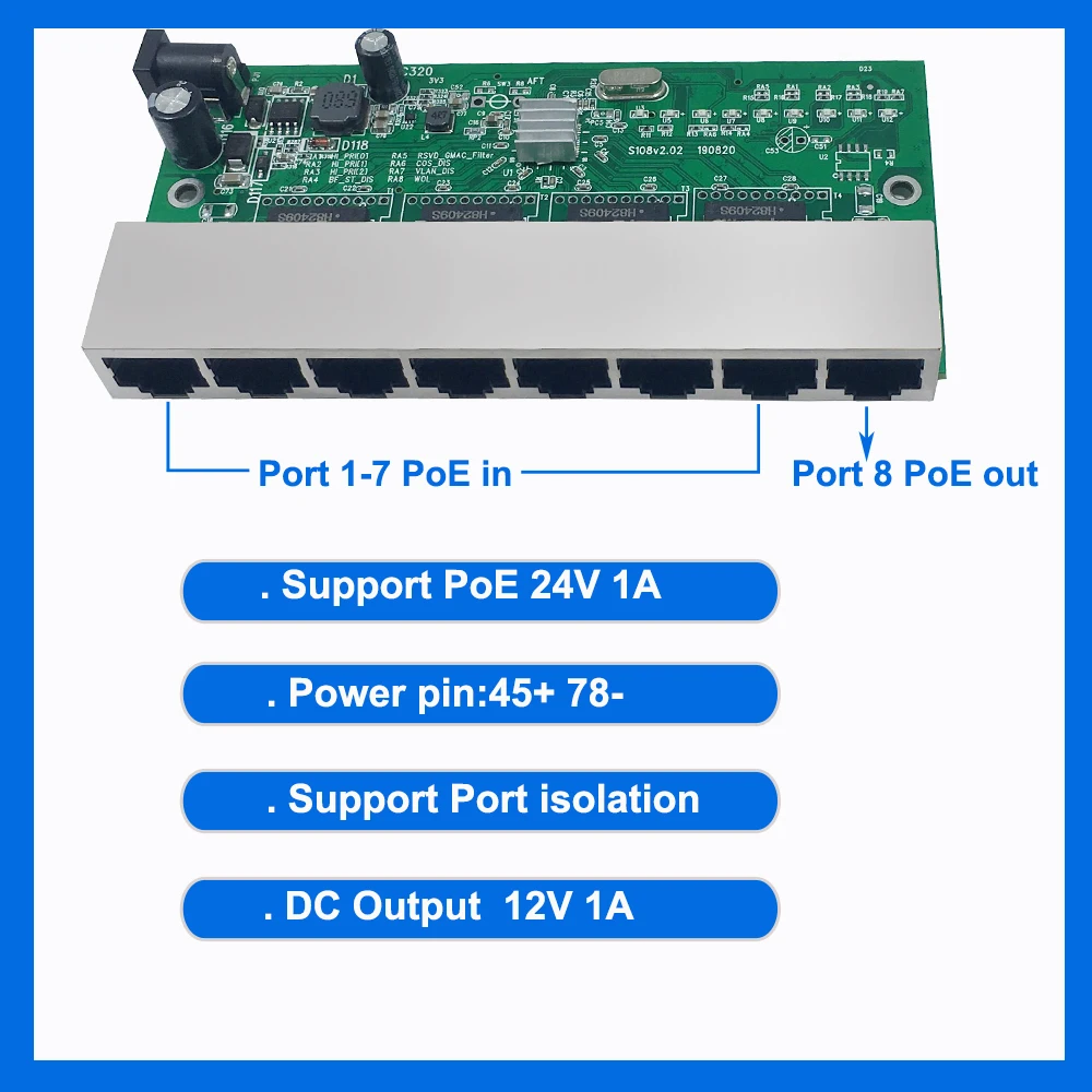 8 reverse switch pcb board  8 port 10/100M Ethernet reverse poe switch