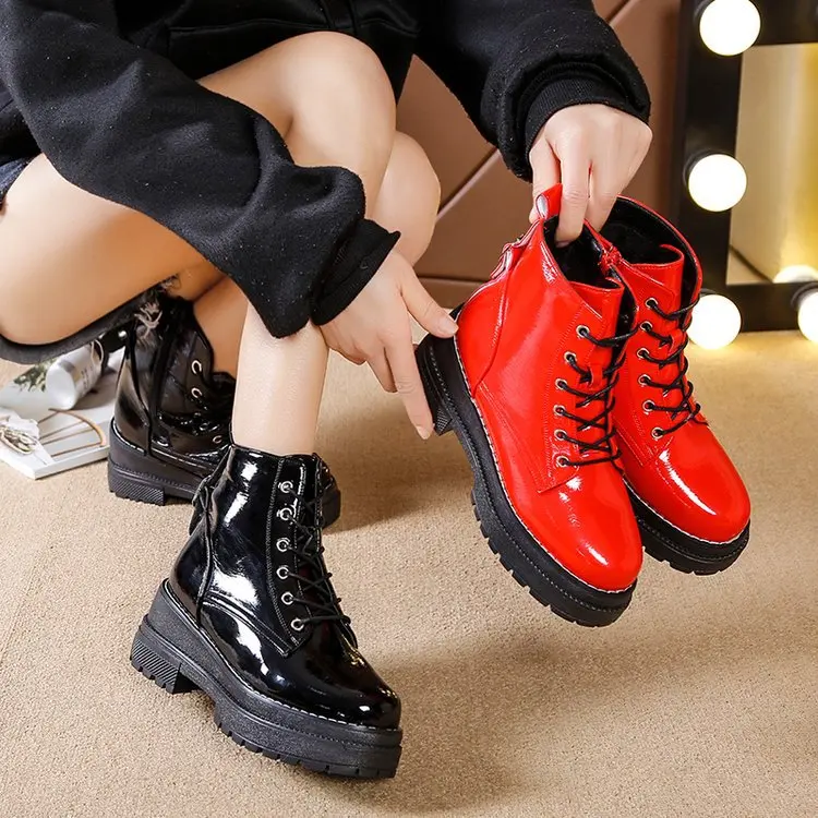 

Boots Flat Platform Leather Women's Shoes Winter Footwear Booties Ladies Round Toe Boots-women Lace Up Low Heels booties Clogs