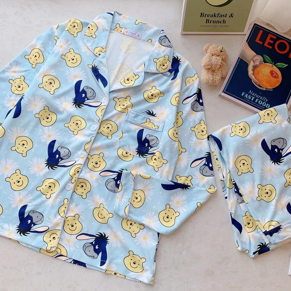 Spring Autumn Woman Pajamas Sets Long Sleeves and Turn-down Collar Sweater Suits with Cartoon Pattern Decor Female Sleepwear