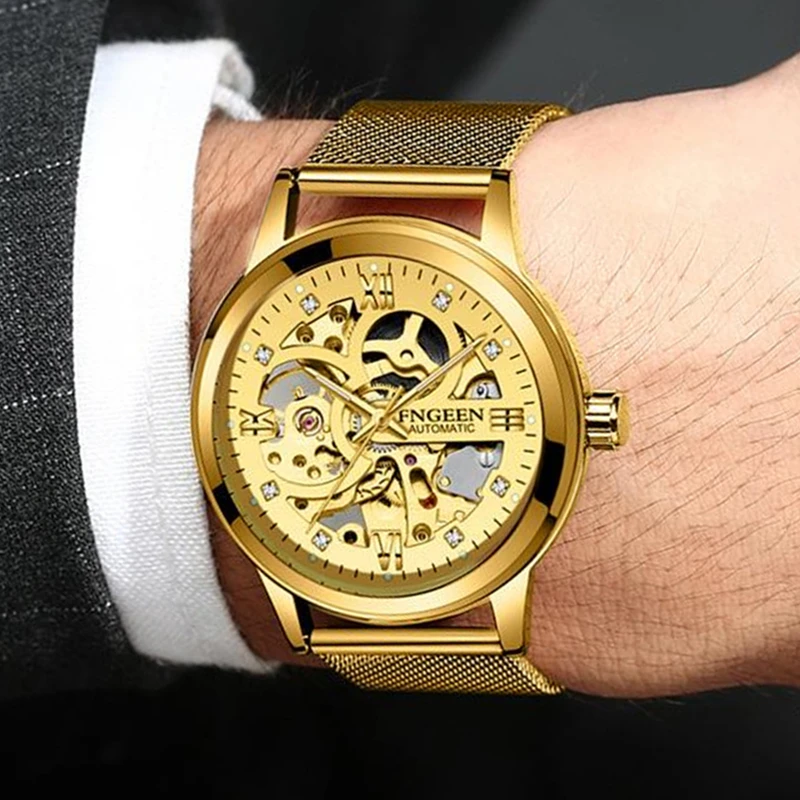 

FNGEEN Men Automatic Mechanical Watch Skeleton Diamond Gold Watches Mesh Band Hollow Clock