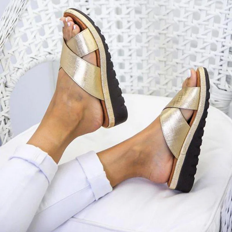 

Women PU Shoes fasten Comfy Platform Flat Slippers Summer Fashion Ladies Casual Soft Open Toe Foot Correction Slippers