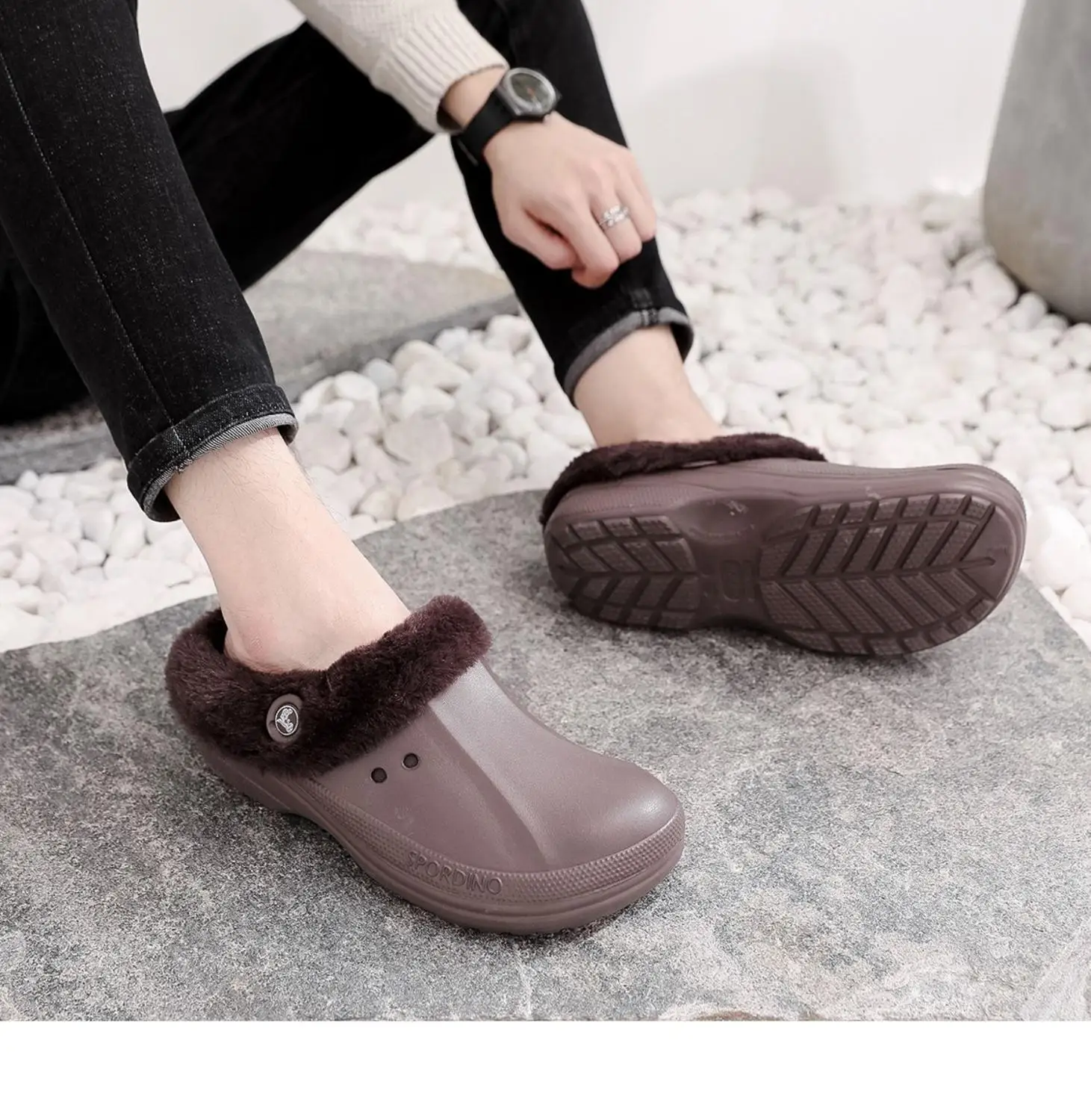 brwnbrwn Original RH Eco Unisex Warm Winter Fur Garden Shoes Clog Indoor Casual Warm Home Slippers EVA Flat Clogs Footwear - Цвет: brwnbrwn