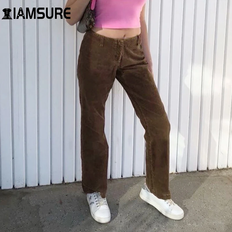 

IAMSURE Corduroy Y2K Joggers Women Cargo Pants Caramel Brown Low Waist E Girl 90s Streetwear Aesthetic Straight Trousers Female