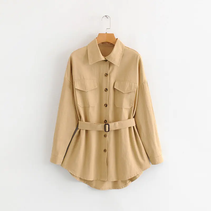 

Wowen's Simple Belted Jacket Drop Shoulder Single Breasted Safari Style Female Coat with Pockets Loose Fit Casual OL Outerwear