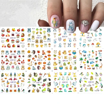 

12 design Cute Animal Water Nail Stickers Fall Leaf Hippo Elephant Rabbit Bird Pattern Nail Tattos Slider Manicure Decoration