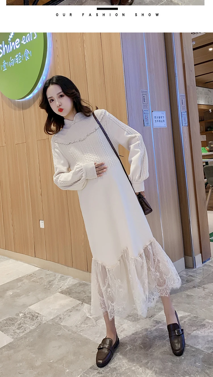 Winter Fashion Maternity Knitting Party Dress Lace Ruffles Patchwork Irregular Pregnant Women Trumpet Dress New Year Maxi Dress