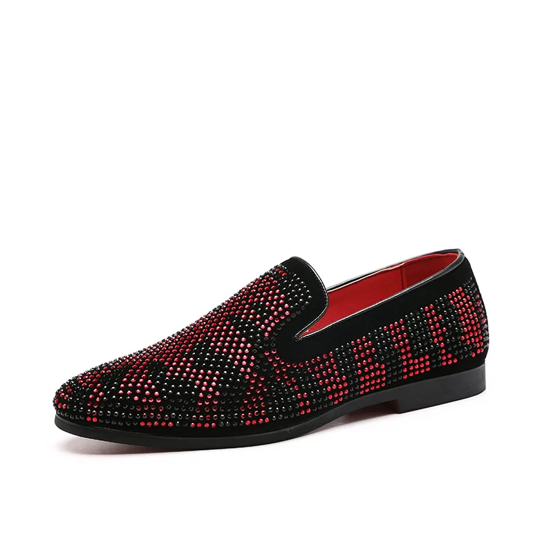 Новые мужские лоферы; красные, синие лоферы со стразами и стразами; мужская обувь с заклепками; Свадебная обувь с красной подошвой; обувь для вождения - Цвет: Red