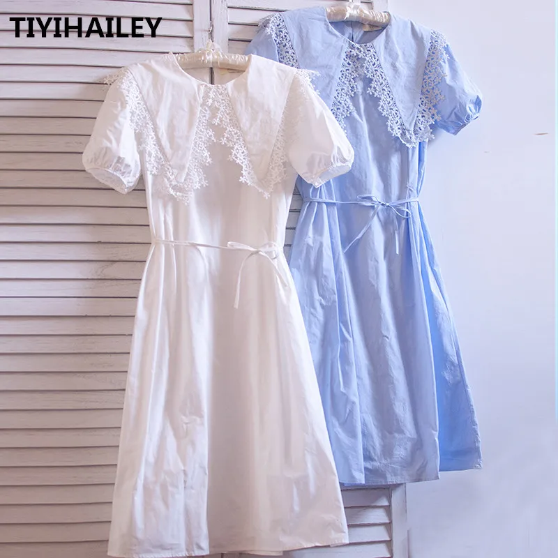 

TIYIHAILEY Free Shipping High Quality Lace Cotton Summer Long Mid Calf Short Sleeve White Dress Japan Style Turn Down Collar