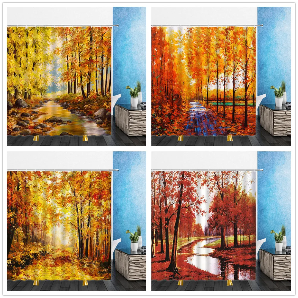 

Painting Landscape Shower Curtains Autumn Yellow Fallen Leaves Leaf 3D Bathroom Home Decor Waterproof Polyester Cloth Curtain