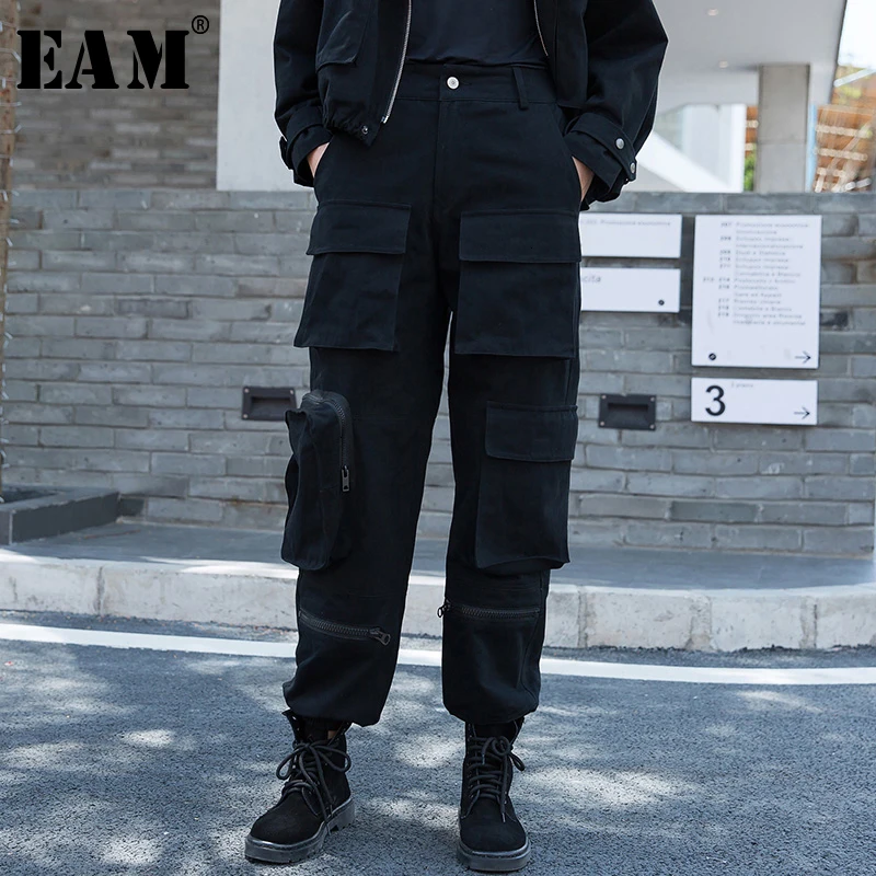

[EAM] High Waist Black Long Pocket Split Harem Trousers New Loose Fit Pants Women Fashion Tide Spring Autumn 2020 1M959