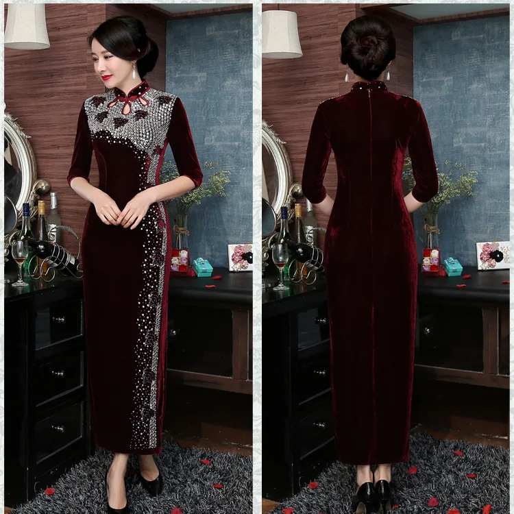 Сексуальное вечернее платье Cheongsam, китайские платья, новинка, роскошное платье Qipao, женское платье ручной работы с бусинами, винтажное платье, воротник-стойка