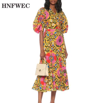 

Print Dress For Women Cross V Neck Puff Short Sleeve High Waist Lace Up Dresses Summer Female New 2020 Casual Fashion P406