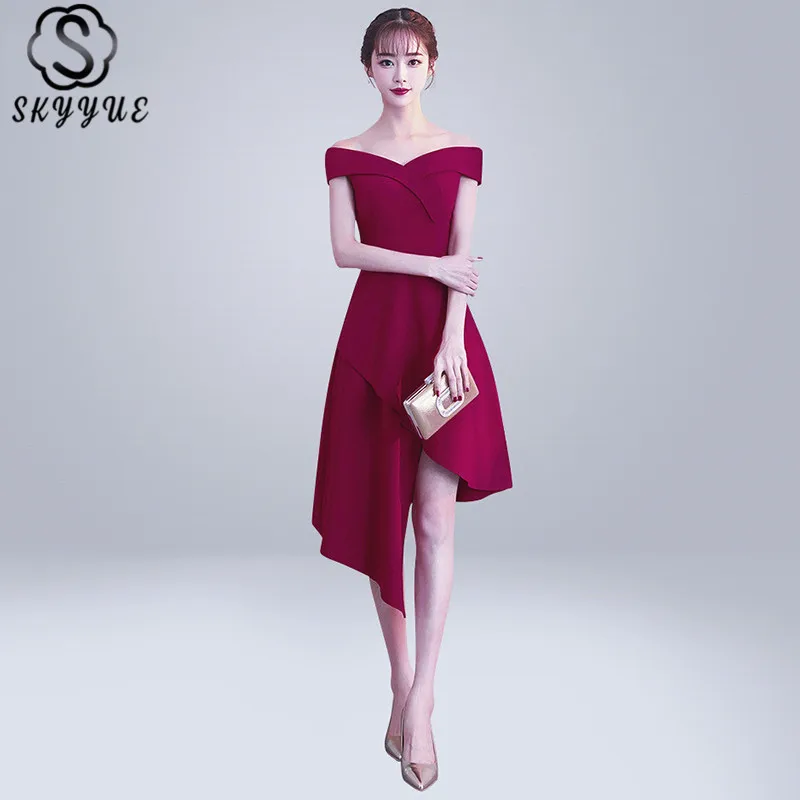 Skyyue вечернее платье, с вырезом лодочкой Robe De Soiree Твердые с открытыми плечами женские вечерние платья 2019 с коротким рукавом Деловая одежда C253