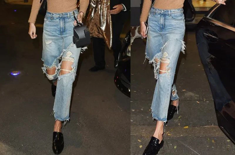 CHICEVER Лоскутные рваные с дырками джинсовые брюки для женщин миди Талия повседневные Прямые брюки с кисточками женские 2019 модная новая