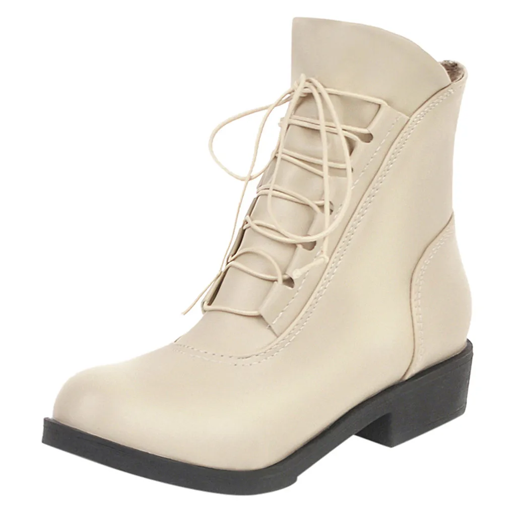 Boots Women Ankle Boots Square Heel Shoes Lace-Up  Thick Martin Boots Platform Outdoor PU Leather Casual Short Boot