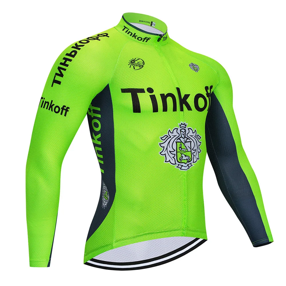 Флуоресцентный зеленый Tinkoff Велоспорт Джерси с длинным рукавом MTB Одежда велосипедная Майо Roupa Ropa De Ciclismo Hombre