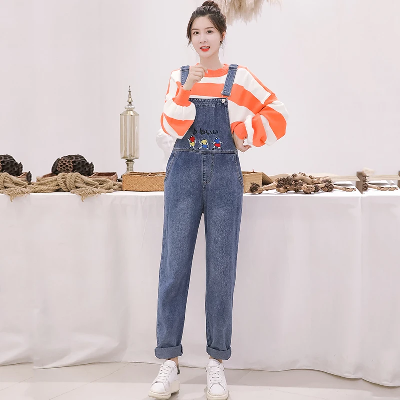 new autumn jeans women Harajuku embroidered cartoon jeans loose denim bib cotton vintage school girl jeans female Overalls