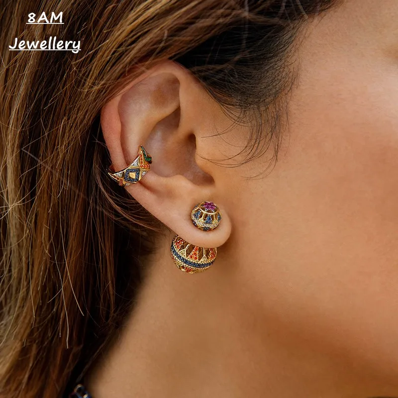 

Morocco style silver single cut out design feeling colorful Earrings size ball shape fashion earrings Earrings Studs