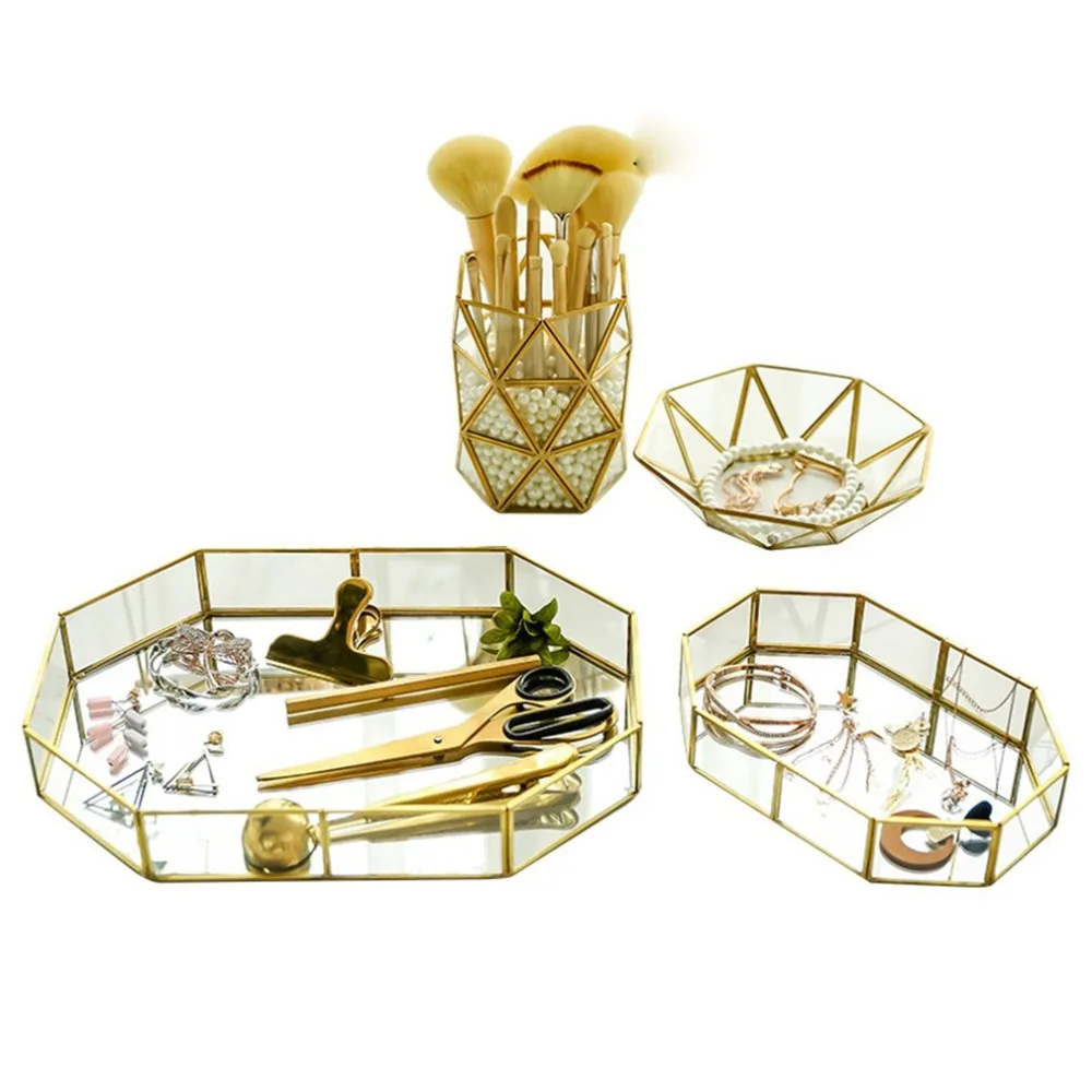 Nordic Retro Brass Storage Tray Golden Polygon Glass Makeup Organizer Tray Dessert Plate Jewelry Display Home Kitchen Decor