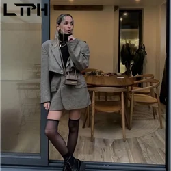 Ltph houndstooth xadrez de lã do vintage duas peças conjunto feminino recortado blazer cintura alta magro pacote saia hip ternos 2021 outono novo