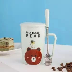 Кофейные кружки, чашки для девушек, студенческие милые чашки, керамические чашки, кофейные чашки для мужчин и женщин, Мультяшные чашки с крышкой, ложки, чашки для дома - Цвет: 400ML set