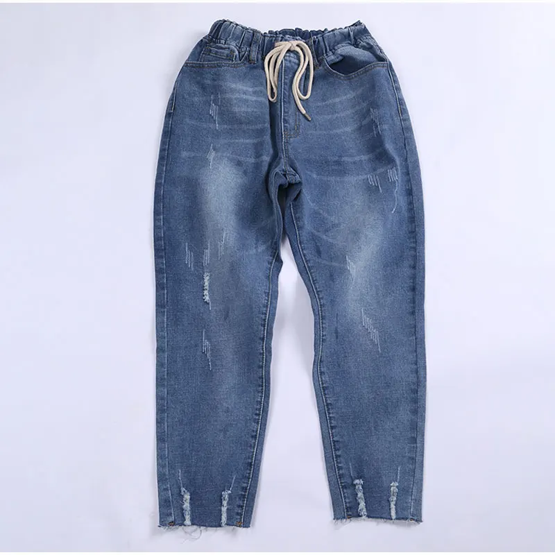 zara jeans High Elastic Waist Hemming Boyfriend Loose Ripped Harem Jeans Mom Light Blue Cuffed Casual Ankle length Capris Baggy Denim Pants jeans pant