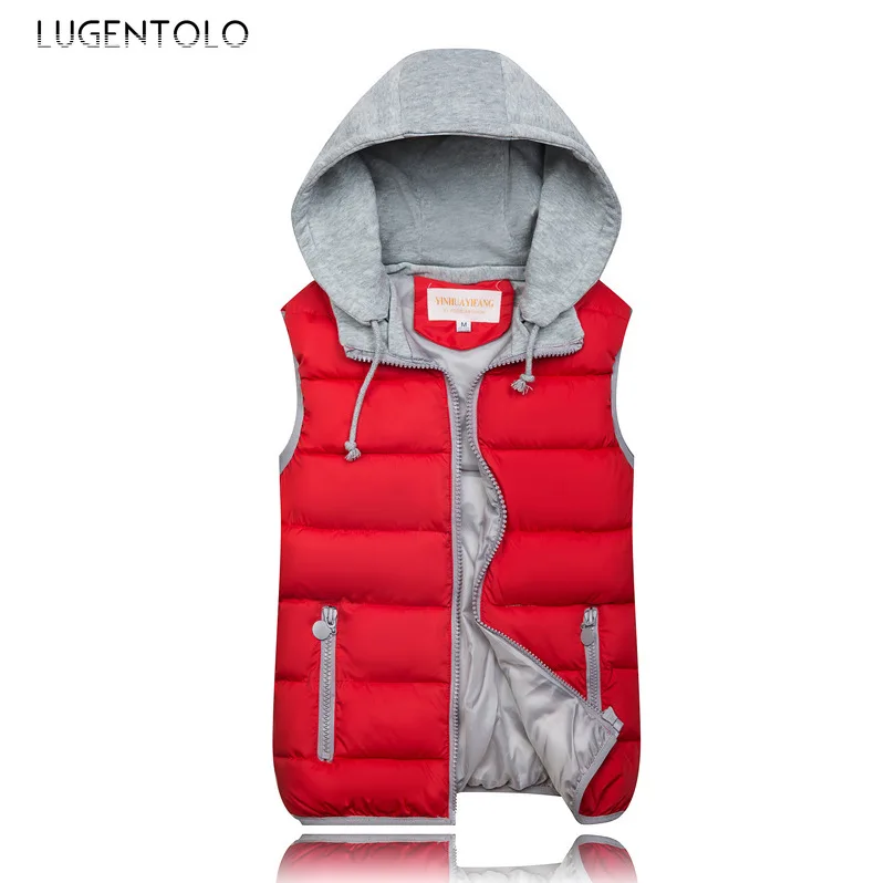 Lugentolo Women's Cotton Clothing Fashion Autumn and Winter Cotton Vest Short Solid Color Hooded Casual Warm Vest