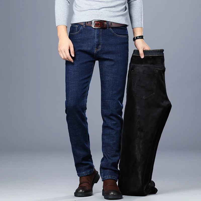 Зимние новые мужские толстые бархатные теплые эластичные узкие прямые джинсы черные Синие Деловые Повседневные Классические флисовые джинсовые штаны плюс размер 40