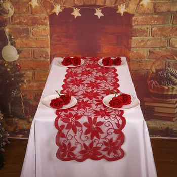 

Red Lace Curtain Supplies Grid Tablecloth Net Table Wear Festival Party Decor Dinner Cover Decoration 19X72"