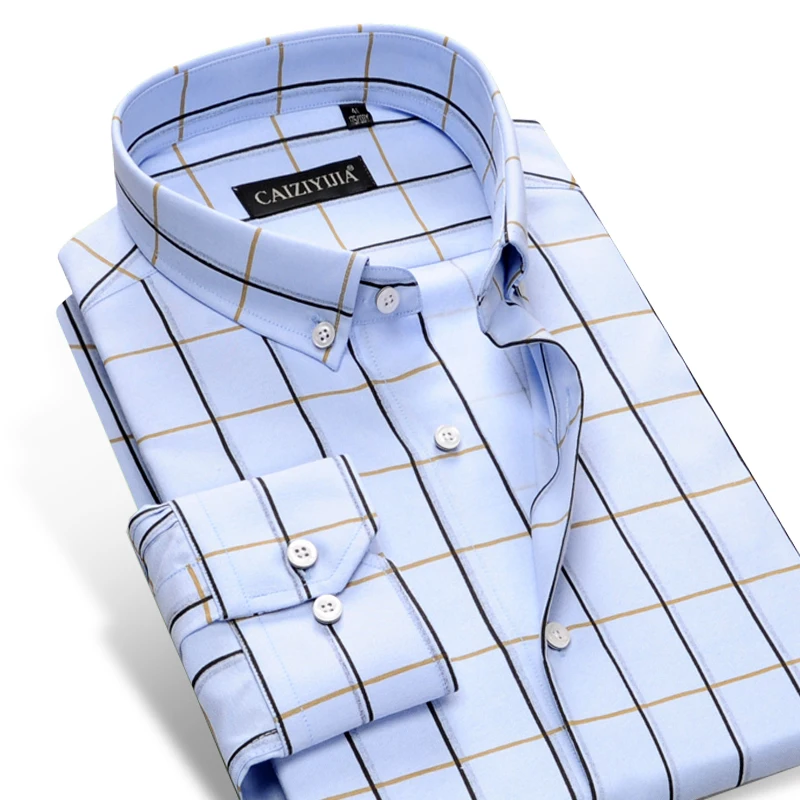 

Men's Fashion Long Sleeve Modal-Blend Gingham Shirt High-quality Casual Standard-fit Button-down Plaid Checkered Shirts
