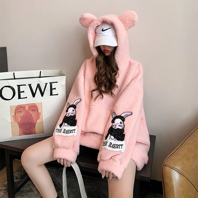 Cute Pink Hoodie Women Funny Oversized Korean Female Sweatshirt