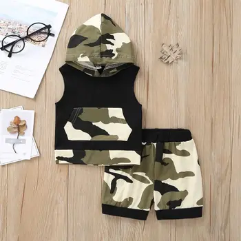 

Summer Fashion Boys Two-Piece Cool Handsome Camouflage print Pullover Hooded Sleeveless Sweater Top+Pants Sports Sets 0-24M