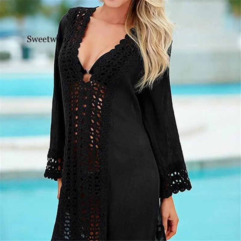 Hot Sale Women Summer Lace Crochet Bikini Cover Up Sexy Long Sleeve Swimwear Cover ups Bathing Beach V-neck Mini Dress Tops