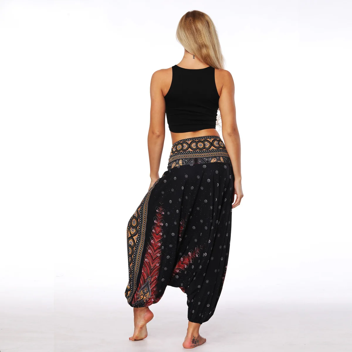 Women's ethnic style digital printing wide leg pants bloomers loose yoga pants large size high waist pants women's sports