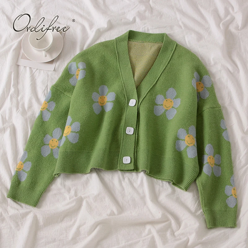 Ordifree Autumn Winter Women Knitted Cardigan Floral Print Vintage Cute Ladies Christmas Sweater Cardigan Jumper Pull