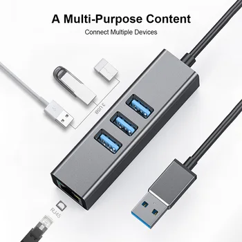 

Portable USB Transform RJ-45 1000MB Network Card Converter 3 USB3.0HUB Port Mult-Function Aluminium Alloy Converter
