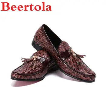 

New Genuine Leather Dress Shoes Men Brown Round Toe Fringes Loafers Male Crocodile Pattern Gentlemen Party Wedding Flats Shoes