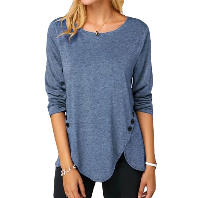 Women T Shirts Autumn Long Sleeve Round Neck Large Size T-shirt Irregular Hem T-Shirt Casual Plus Tops Female 5XL | Женская одежда