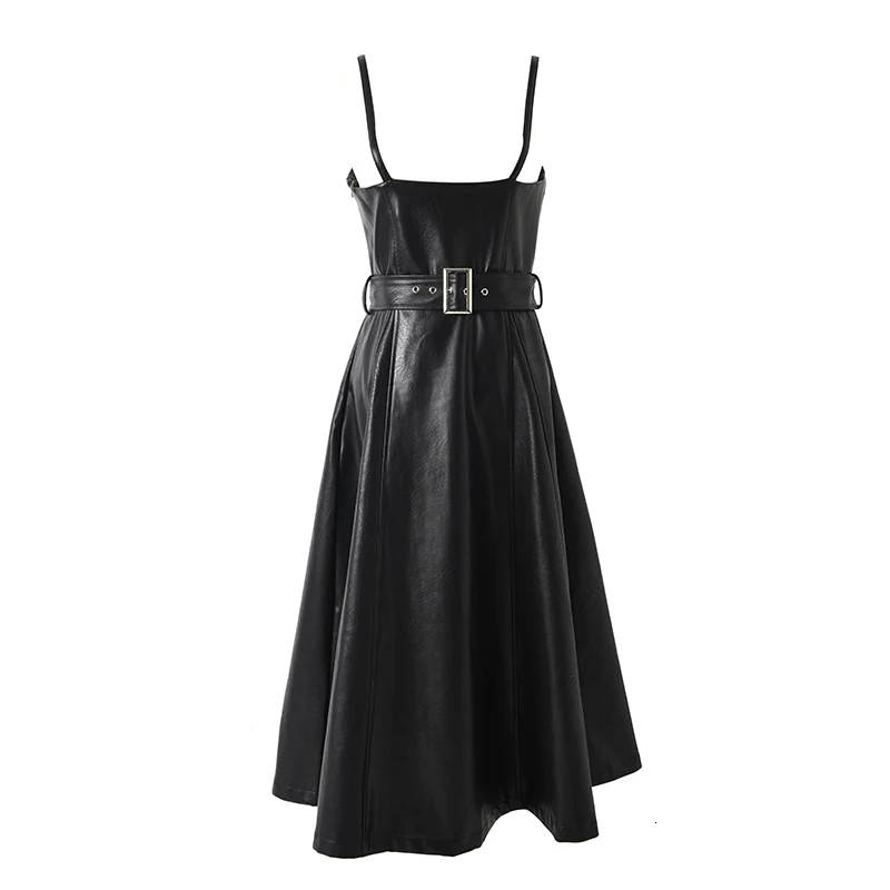 [EAM] женское черное кожаное платье на молнии с разрезом, новинка, платье без рукавов, свободный крой, модный стиль, весна-осень JD0320 - Цвет: Black