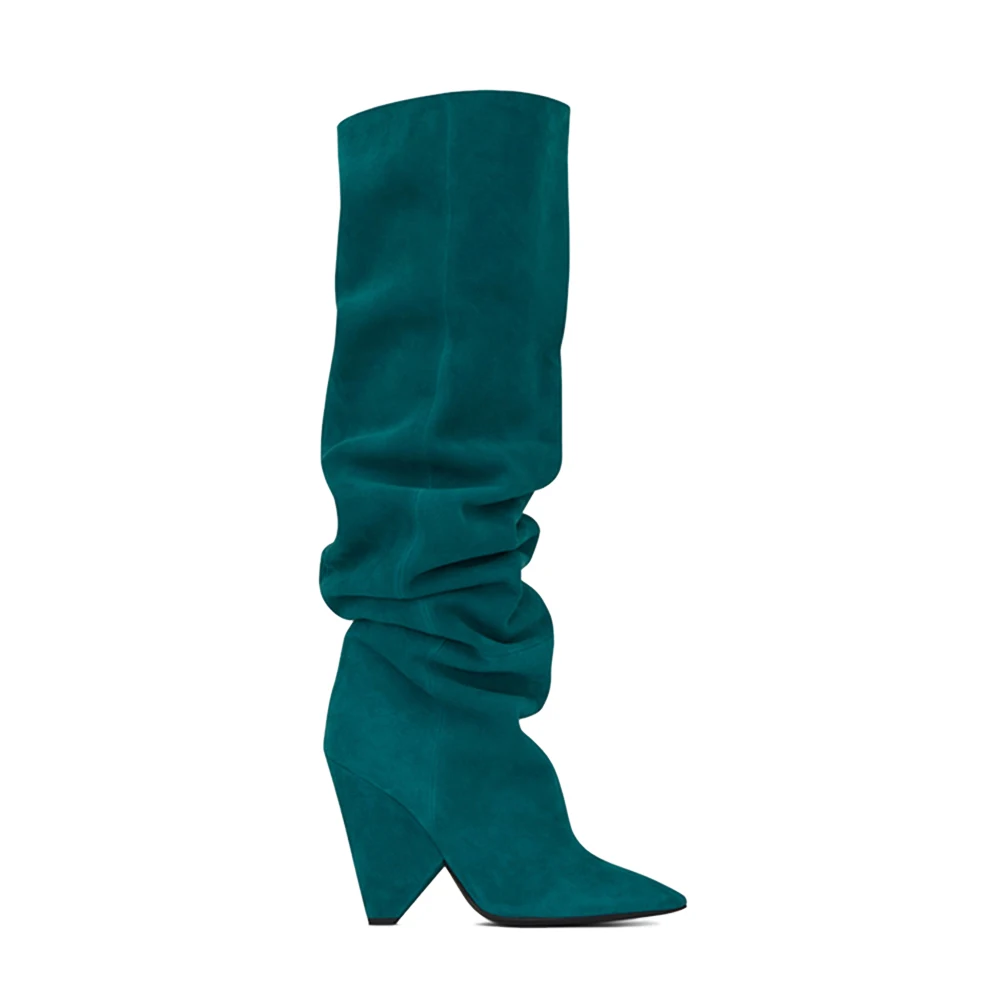 HARAVAL Handmade Woman Winter Knee-high Boot High Quality Sexy Pointed Toe Spike Heel Shoes Solid Fashion Pleated Warm Soft Boot
