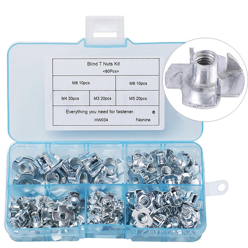 

80Pcs/set M3 M4 M5 M6 M8 Zinc Plated Four Claws Nut Speaker Nut T-nut Blind Pronged Tee Nut Furniture Assortment Kit HW034