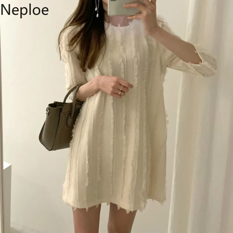Neploe женское элегантное мини-платье с рукавом 3/4, однотонное платье в полоску с кисточками, Vestidos, осенние корейские шикарные платья, повседневные приталенные 54379