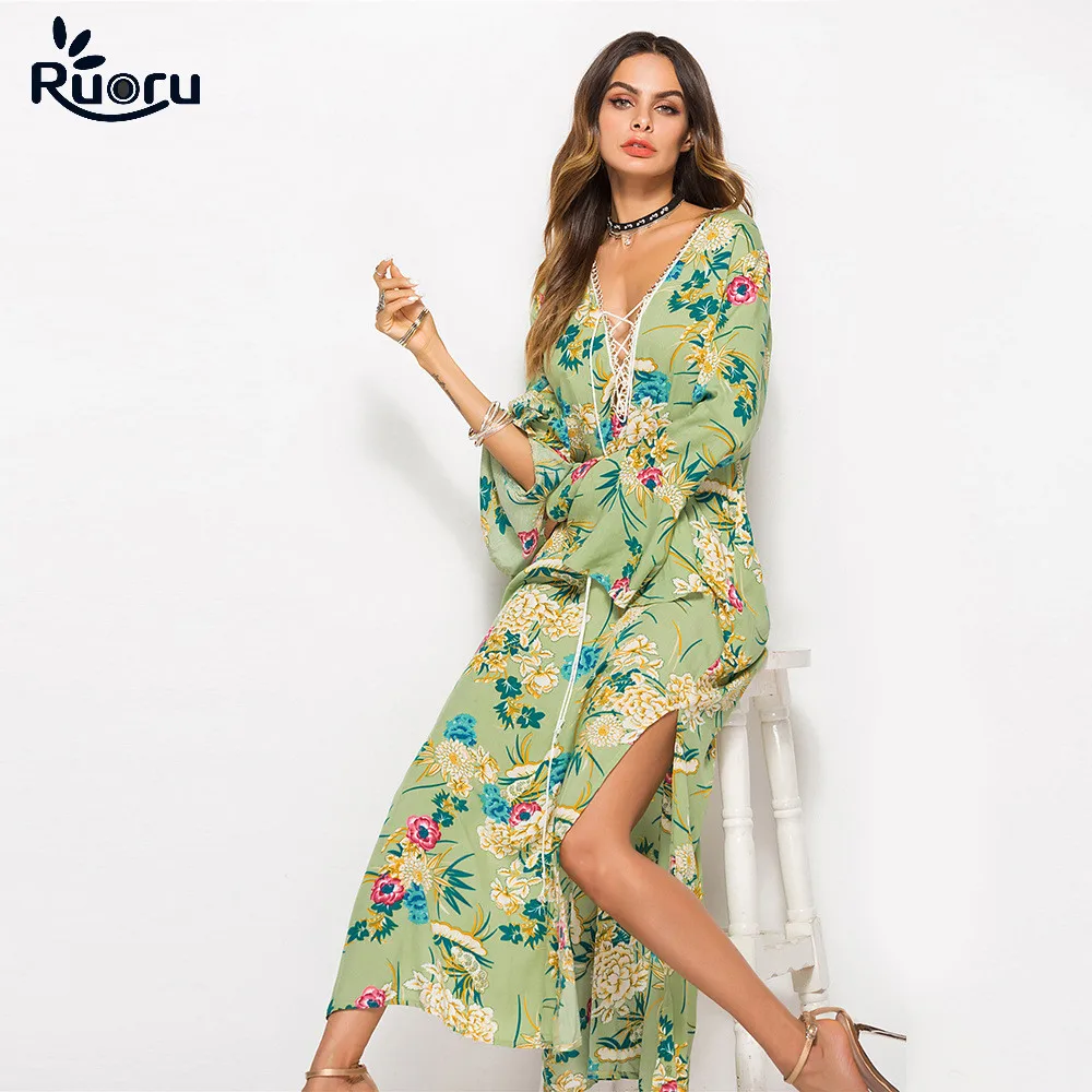 

Ruoru Boho Maxi Dress Robe Femme Floral Printed Long Dress Loose Plus Size Beach Dress Bell Sleeve Vestidos De Fiesta Women