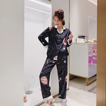 

Wmyqdlq New Style Pajamas Women Thin Ice Silk Spring And Autumn Long-Sleeved Trousers Two-Piece Pyjamas Printed Home Service Top