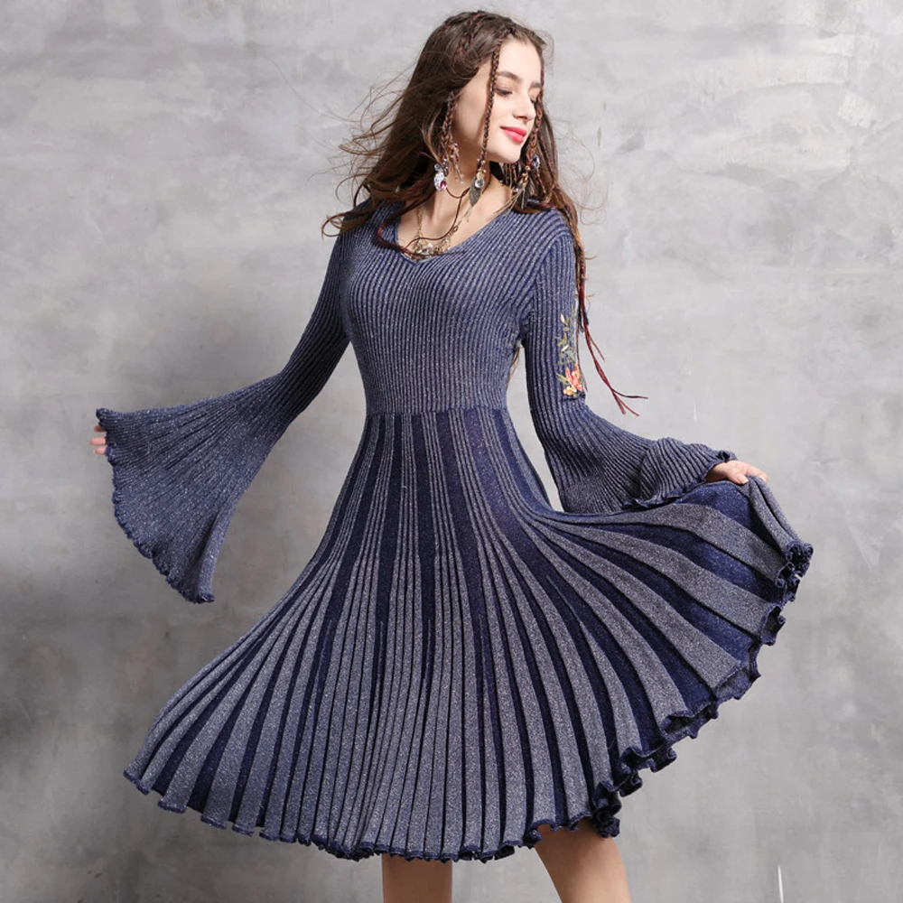 

Women Dress 2019 Keer Autumn Spring Boho O-Neck Big Flare Sleeve Embroidery Dresses Vintage Knit Pleated Vestido A82031 Feminina