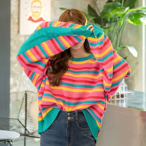 

Oversized Sweater Women Striped Rainbow Pulover Feminino Yellow Plus Size Lazy Oaf Korean Blusa Termica Tricot Loose Jumper Ropa