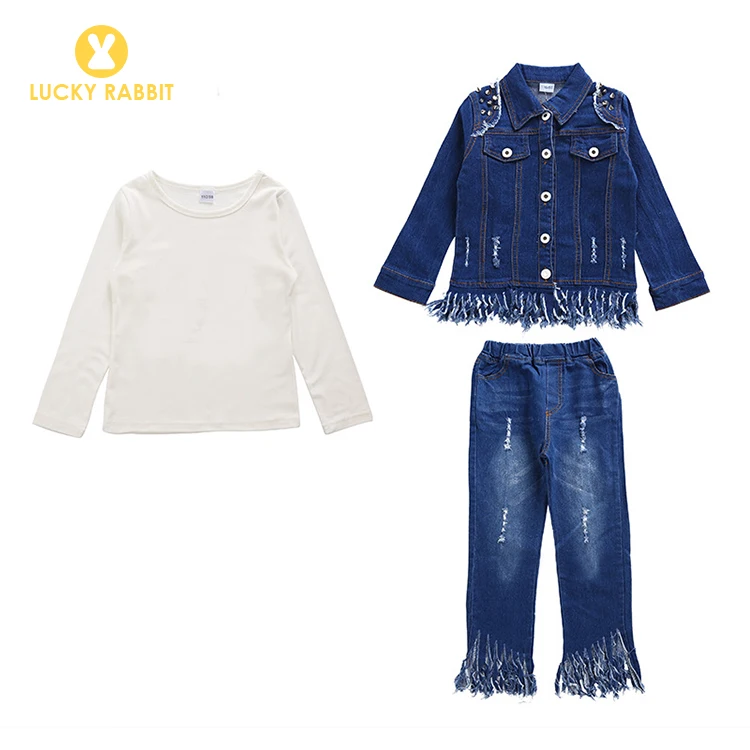 Fashion Tassel Design 2 Piece 3 Year Old Girl Outfits Long Sleeve Denim Girls Fall Clothing Sets